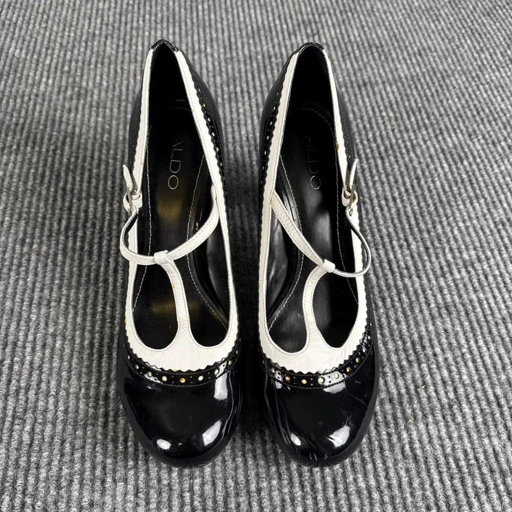 ALDO 40 Black White Patent T Strap Mary Jane Pumps Y2K Mod Spectator Heels